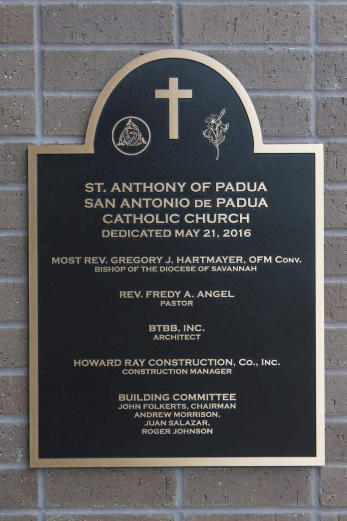 Plaque describing the dedication of St. Anthony of Padua Church