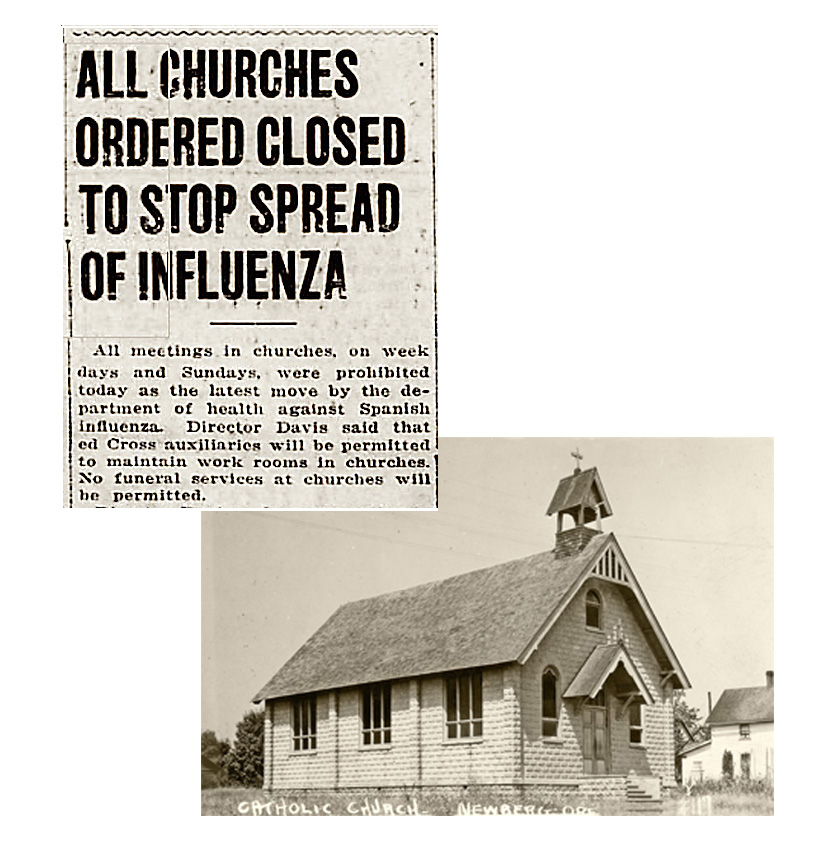 1918 Flu vs Coronavirus, newspaper clippings from 1918 showing closed churches